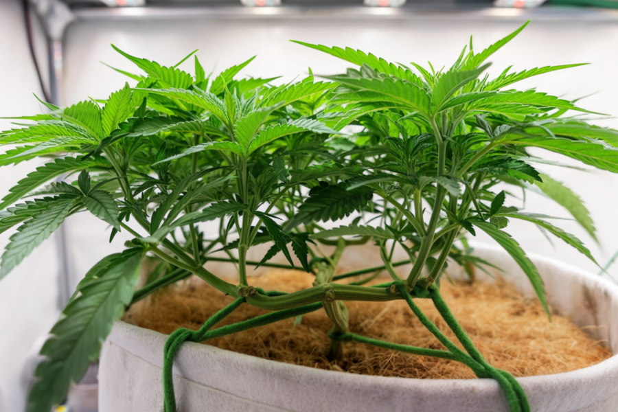 Low stress training setup for a cannabis plant in the vegetative stage.