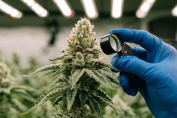 Hand using magnifying device on trichomes