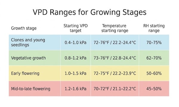 VPD Chart - Growing Stages A chart listing recommended VPDs for the seedling, vegetative, early flowering, and mid-flowering stages